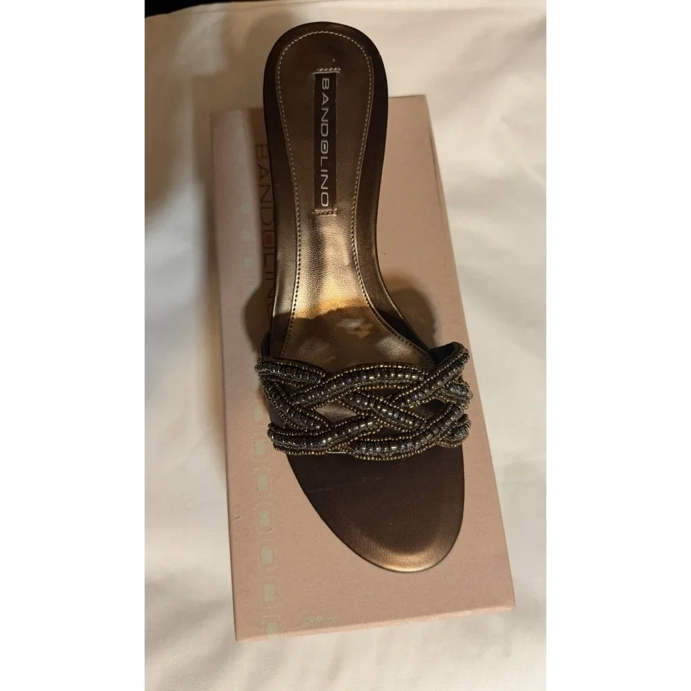 Bandolino Womens Bronze Beaded Slip‎ On Heels Open Toe & Back Size 8.5M